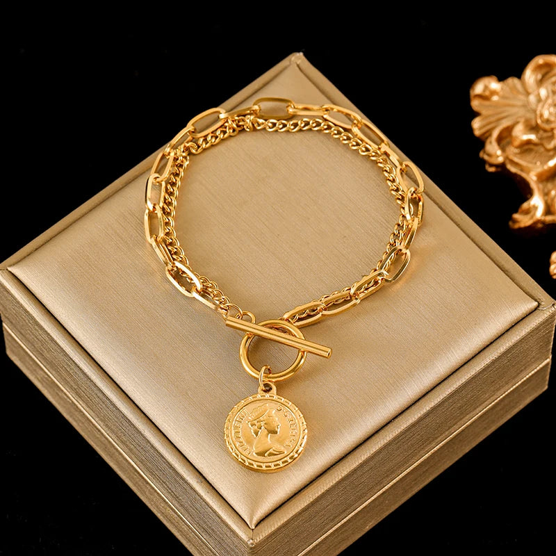 EILIECK 316L Stainless Steel Gold Color Portrait Coin Necklace Bracelets Set For Women New Trendy OT Buckle Waterproof Jewelry