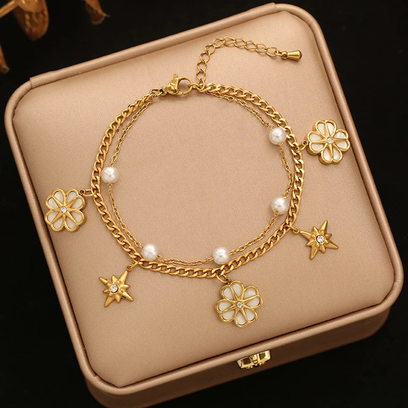 EILIECK 316L Stainless Steel Round Roman Numerals Charms Bracelet For Women Trendy Waterproof Hand Chain Summer Vacation Jewelry