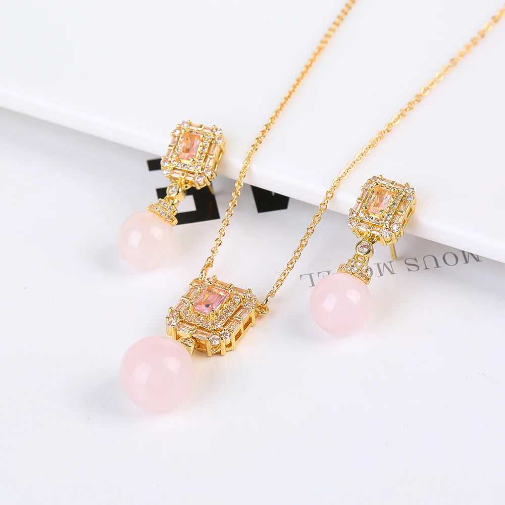 Luxury New Design Simple Irregular Pearl Classic Retro Pendant Necklace Earring Jewelry Set 18K Gold Plated Square Crystal Women