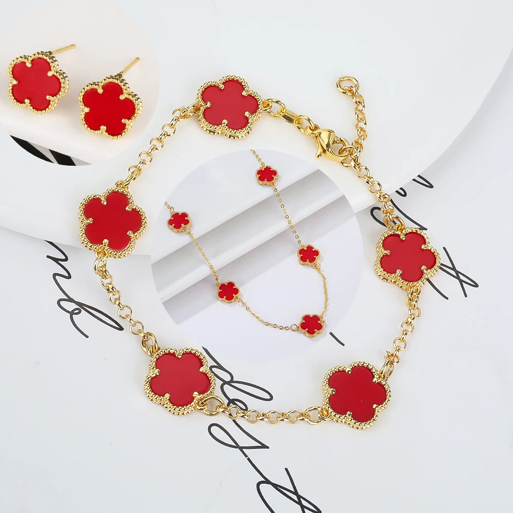 Hot Sale 14 Colors Five-Leaf Flower Set Bracelet Necklace Classic Simple Women Jewelry Set Suitable For Daily Party Wear Clover