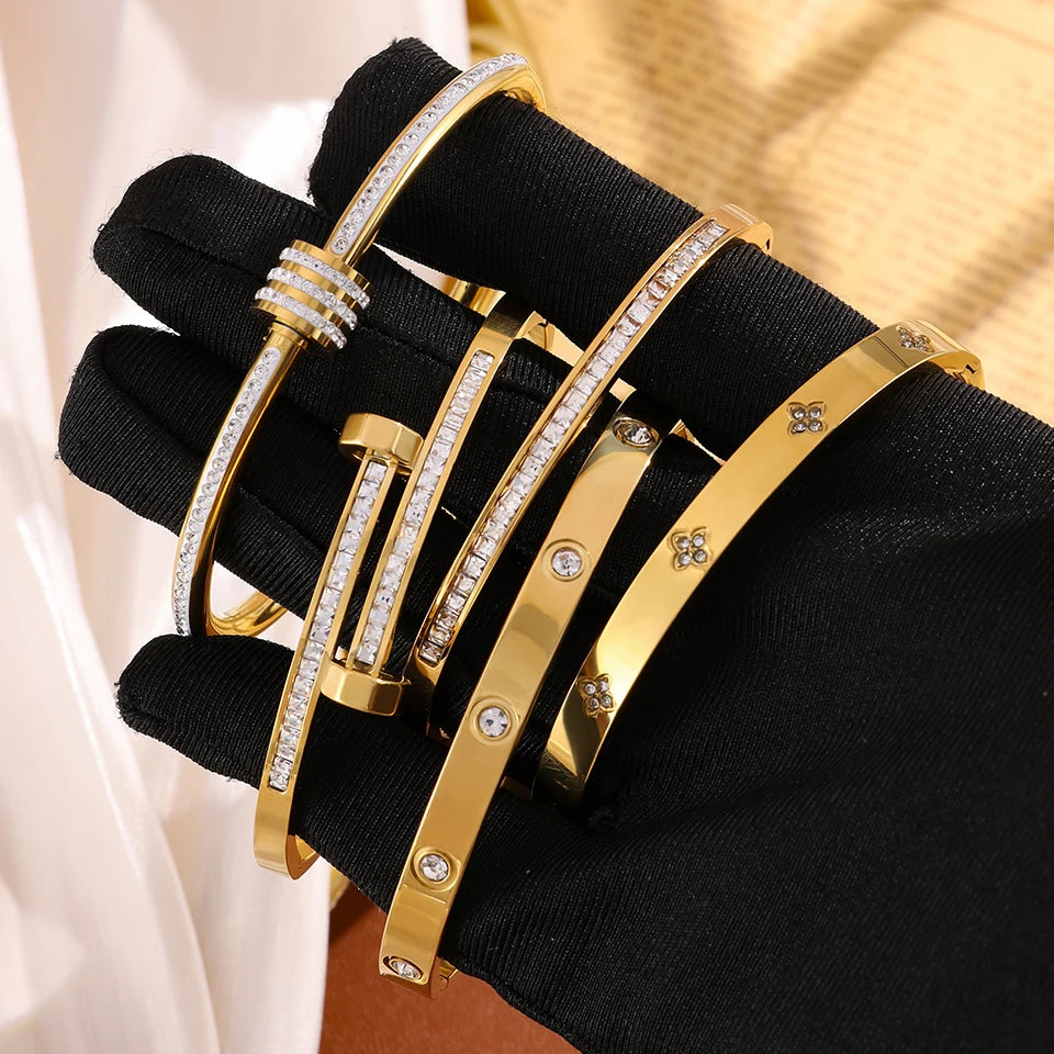 Titanium Steel Stacked Bracelet Couple's Shiny Zircon Inlaid Stainless Steel Bangles Gold Color Female Jewelry Gift
