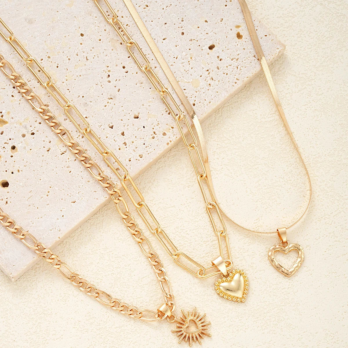 Boho Hollow Heart Gold Color Copper Pendant Necklace Set, 3 Pcs/Set