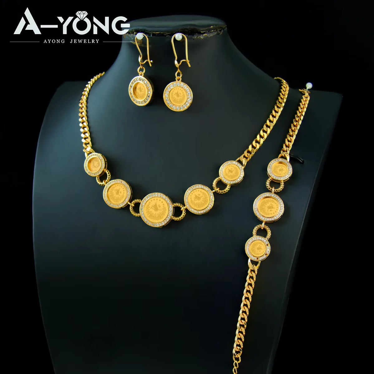 Dubai Vintage Coins Charm Jewelry Set 21k Gold Plated Turkish Bridal Zirconia Necklace Nigeria Muslim Women Wedding Jewelrys