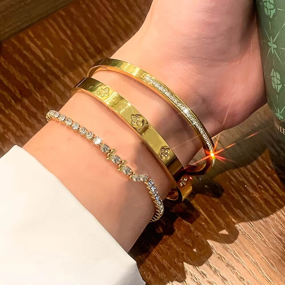 1- to 3-Piece Gold-Color Stainless Steel Sparkling Zircon Stacking Bangles