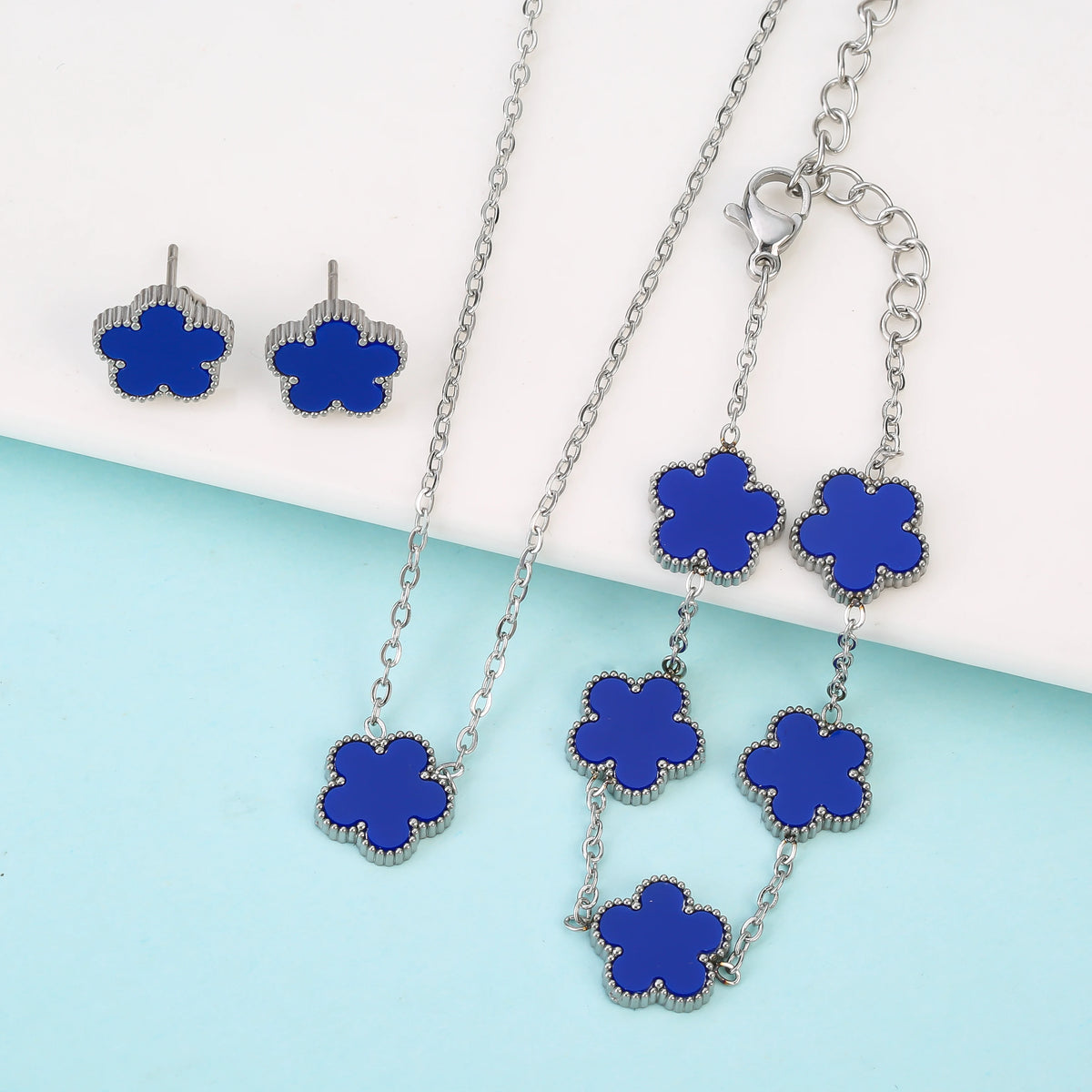 Silver/Gold Plated New Stainless Steel Jewelry Set Plum Blossom Five Leaf Flower Women's High Quality Accessories Clover
