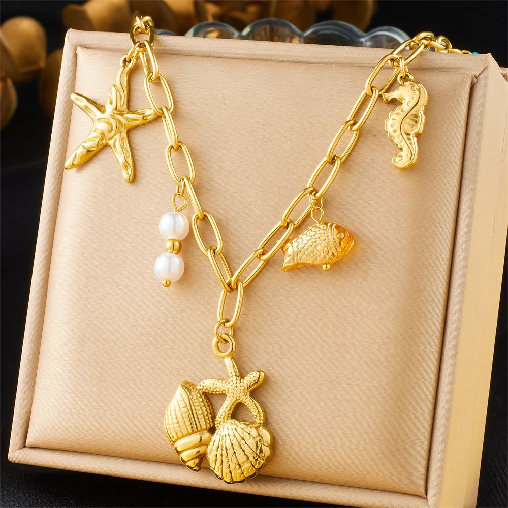 DIEYURO 316L Stainless Steel Golden Heart Sun Multiple Pendants Necklace Women New Fashion Marine Style Neck Chain Jewelry Gift