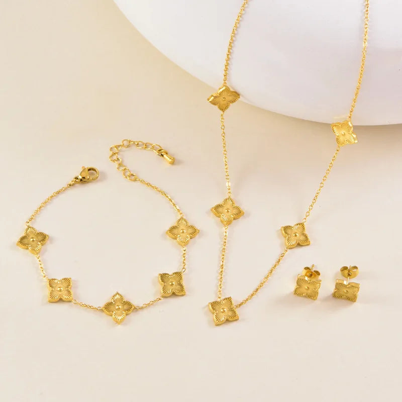 Stainless Steel Rhombus Flower Necklace Ring Earrings For Women Girl Four Leaves Clover Jewelry Set Gift for Party Birthday
