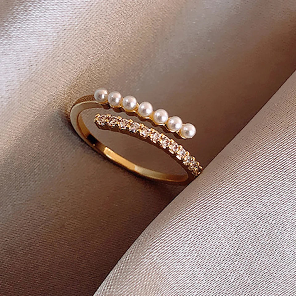 Korean Fashion Gold-Color Round Small Pearl & Shiny Zircon Minimalist Open Ring