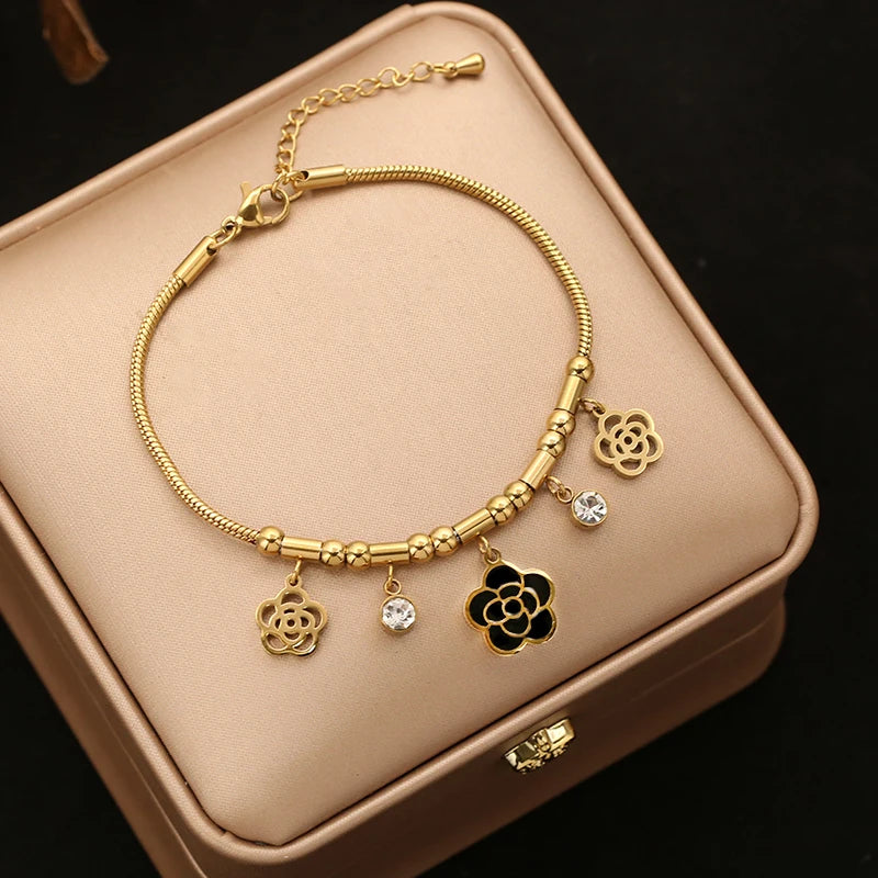 EILIECK 316L Stainless Steel Flowers Stars Charms Bracelets for Women Trendy Layered Pearl Chain Bangles Gold Color Jewelry Gift