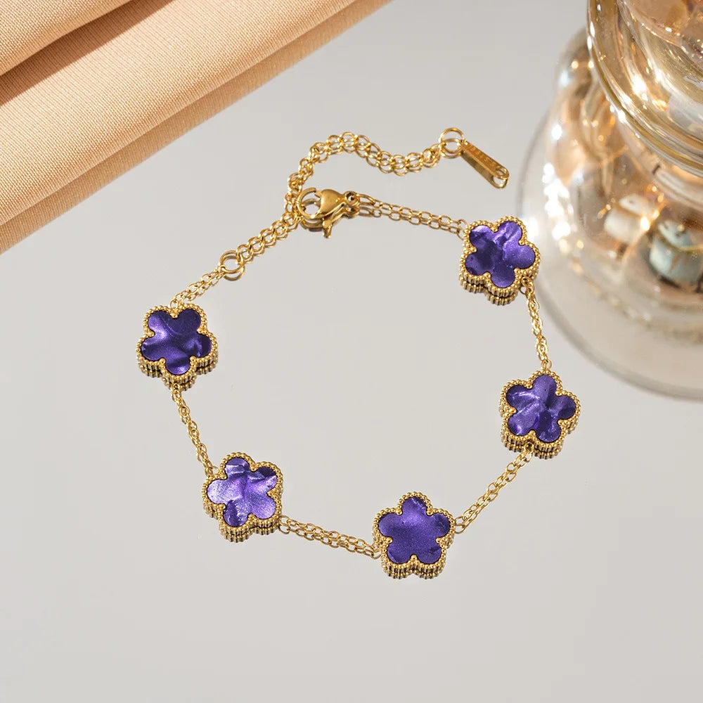 18k Gold Plated Lucky Five-Leaf Flower Stainless Steel Bracelet Women's Exquisite Five-Pointed Star Luxury Party Jewelry Gift