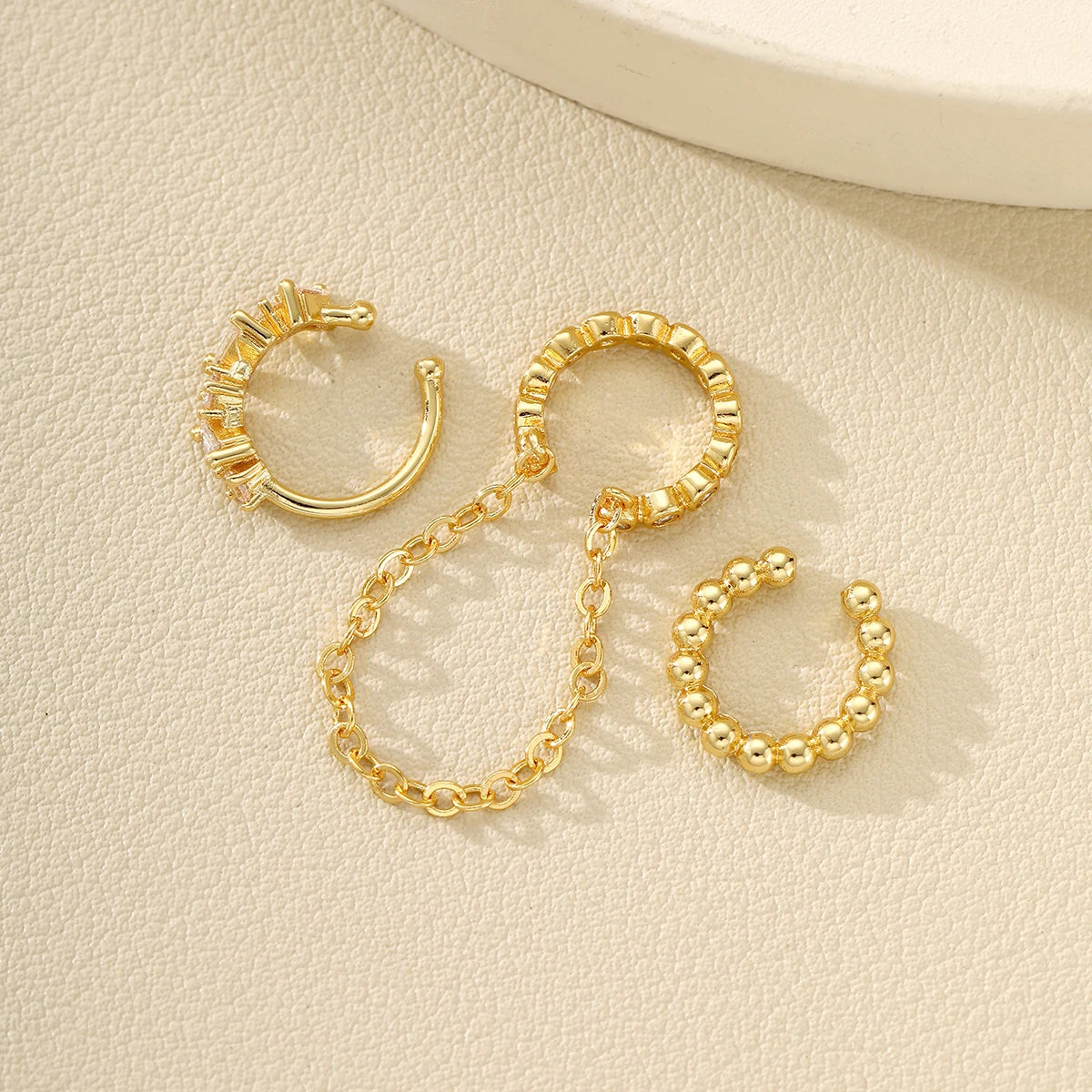 Dainty Zircon Gold-Plated Chain Ear Cuff Set, 3 Pcs/Set
