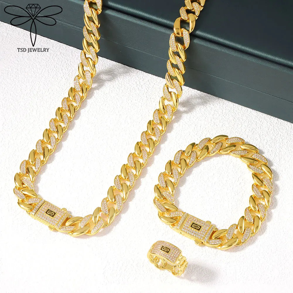 ChooseMe Arabic Dubai Vintage 21K Gold-Plated Cuban Chain & Zirconia Set