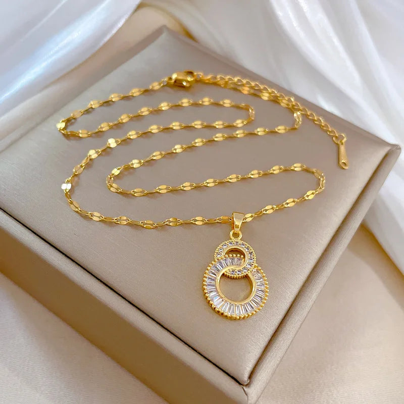 Classic Gold-Color Stainless Steel Shiny Zircon Geometric Heart Pendant Necklace