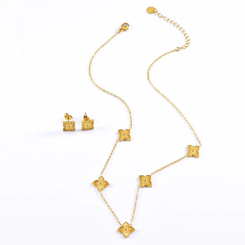 Stainless Steel Rhombus Flower Necklace Ring Earrings For Women Girl Four Leaves Clover Jewelry Set Gift for Party Birthday