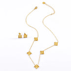 Stainless Steel Rhombus Flower Necklace Ring Earrings For Women Girl Four Leaves Clover Jewelry Set Gift for Party Birthday