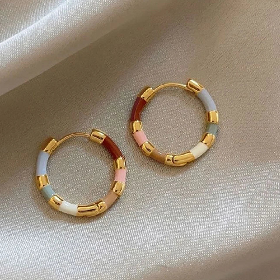 Korean Fashion Colorful Enamel Mini Round Metal Hoop Earrings