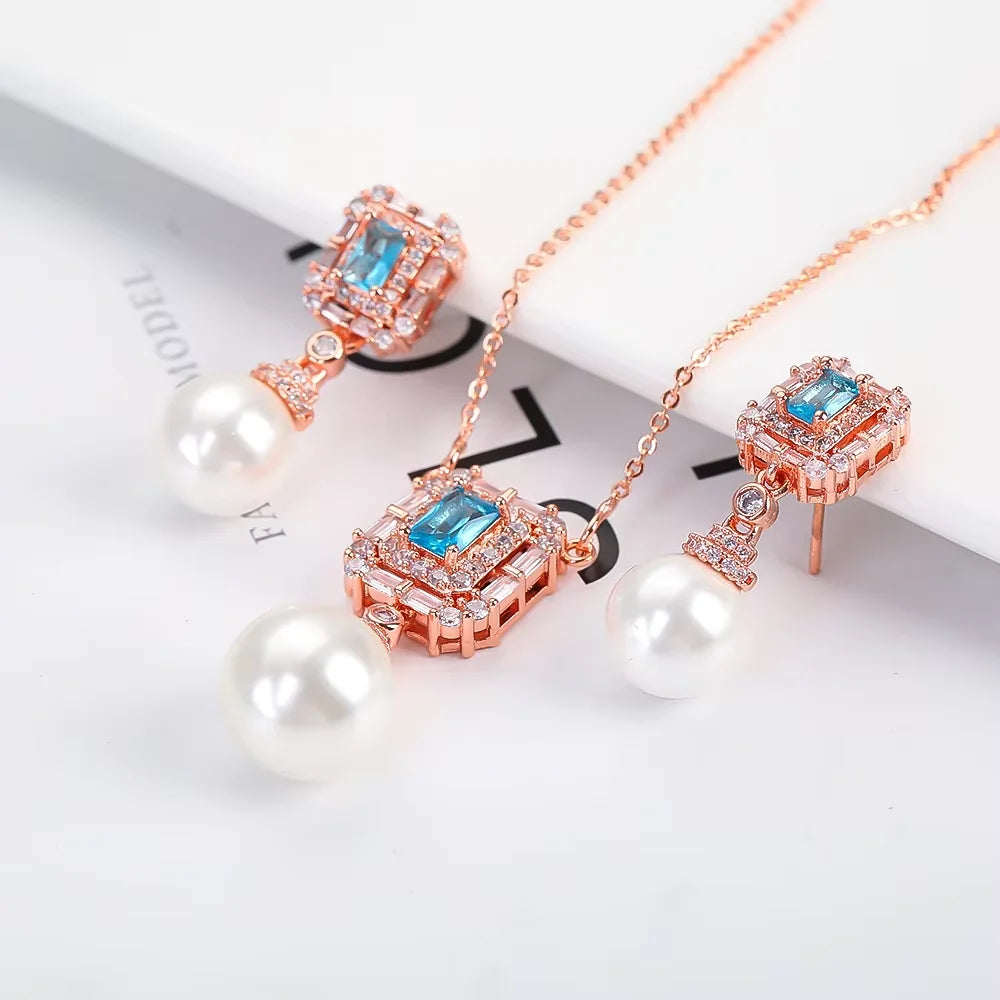 Luxury New Design Simple Irregular Pearl Classic Retro Pendant Necklace Earring Jewelry Set 18K Gold Plated Square Crystal Women