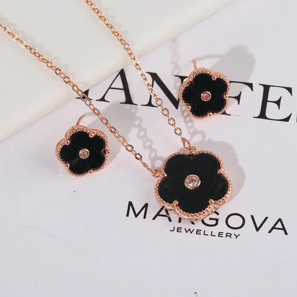 Double Sided Zircon New Design Plant Pentaphyllum 2pc Set Cute Shell Jewelry For Women's High-Quality Gifts Luxurious Clover