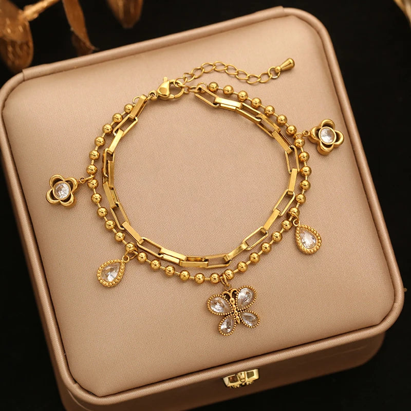 EILIECK Women's Fashion Retro Multi-Charm Chain Bracelet Gold Color Stainless Steel Flower Heart Butterfly Charm Bangle Jewelry