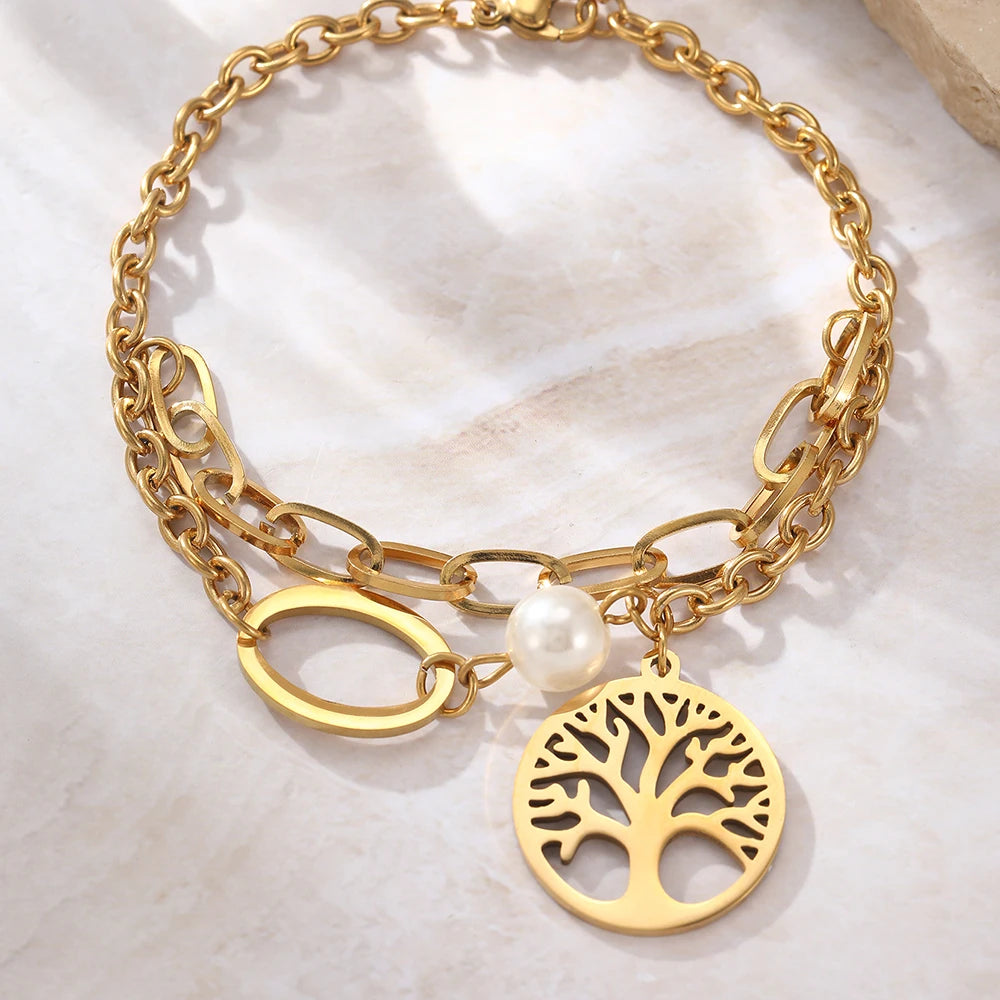 Stainless Steel Bracelets Classic Fortune Tree Crystal Pendant Chain Fashion Exquisite Bracelet For Women Jewelry Wedding Gifts