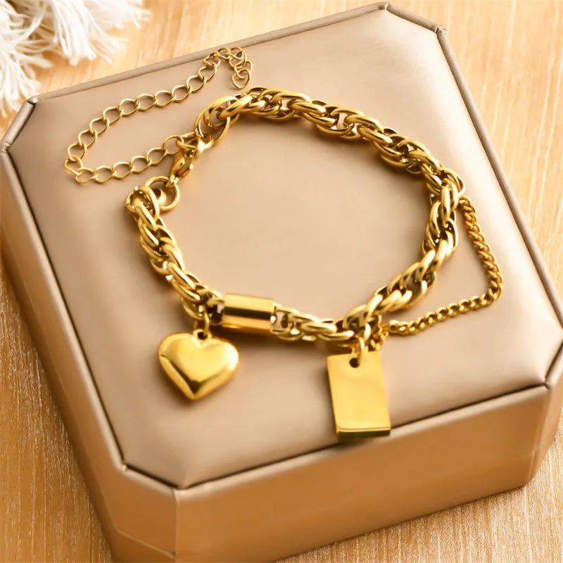 EILIECK 316L Stainless Steel Heart Sun Charm Bracelet Gold Color PVD Plated High Quality Waterproof Jewelry Hand Chain for Women