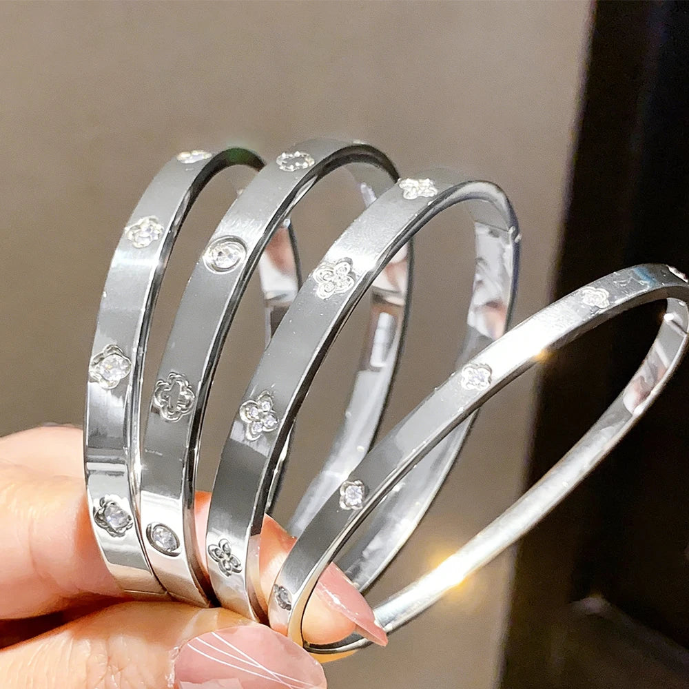 Yupsk 4/1Pcs Inlaid Zircon Stainless Steel Stackable Bracelet Delicate Flower Design Bangles Women's Fashion Versatile Jewelry