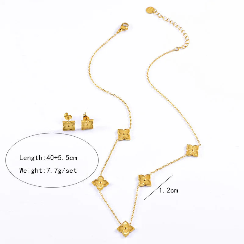 Stainless Steel Rhombus Flower Necklace Ring Earrings For Women Girl Four Leaves Clover Jewelry Set Gift for Party Birthday