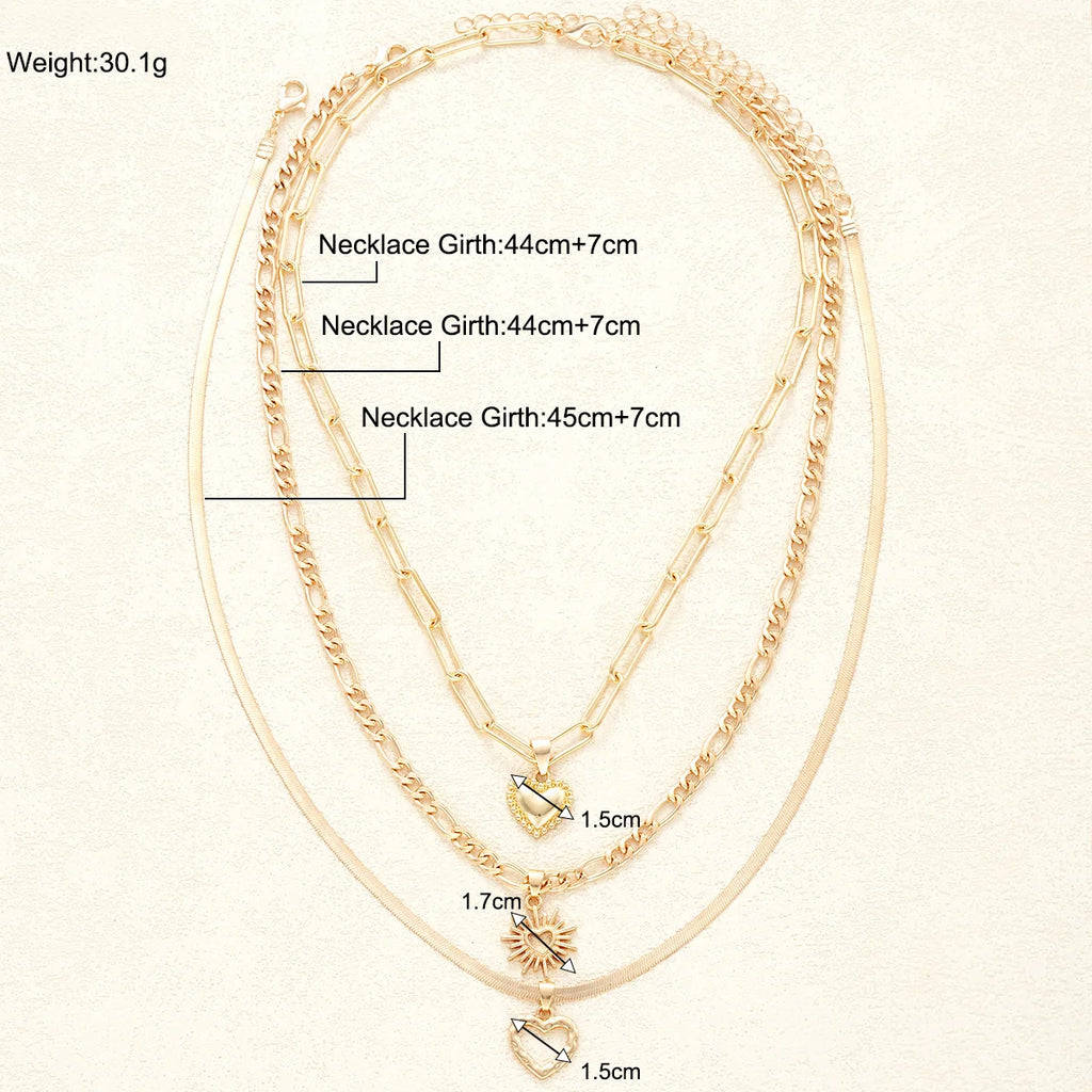Boho Hollow Heart Gold Color Copper Pendant Necklace Set, 3 Pcs/Set