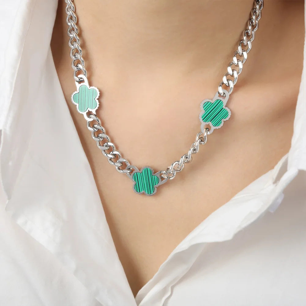 Stainless Steel New Hip Hop Plant Five Leaf Flower Set Shell Bracelet Necklace Women's Minimalist Cuban Chain Clover