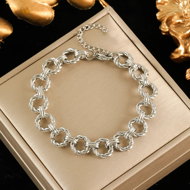 EILIECK 316L Stainless Steel Metal Gold Color Round Link Chain Necklace Bracelet Set For Women Fashion Punk Waterproof Jewelry