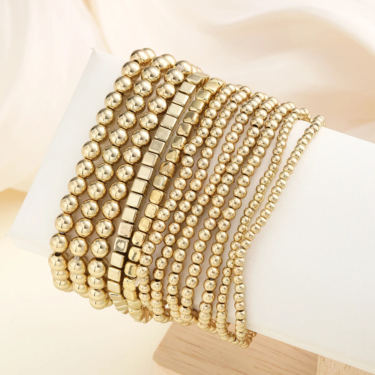 Vintage Punk Handmade Block & Ball Stretchy Beaded Bracelet Set, 12 Pcs/Set