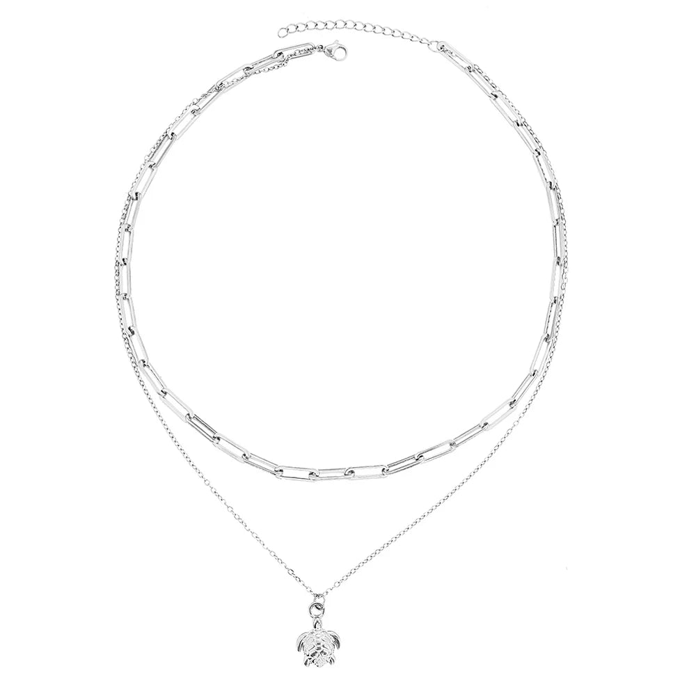 Stainless steel double-layered turtle-shaped pendant necklace: a minimalist, elegant piece of jewellery for women to wear every