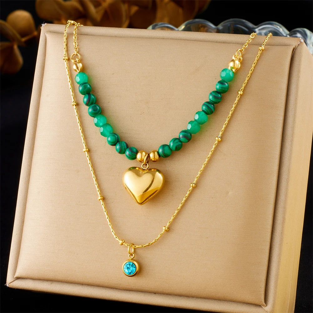 DIEYURO 316L Stainless Steel Golden Heart Sun Multiple Pendants Necklace Women New Fashion Marine Style Neck Chain Jewelry Gift