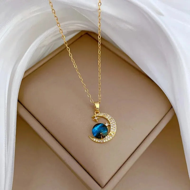 Light Luxury Titanium Steel Star Series Planet, Moon & Astronaut Pendant Necklace