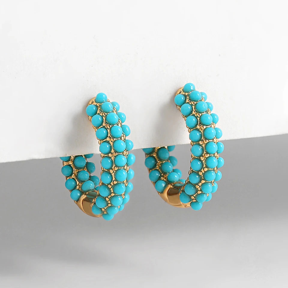Gold-Color Plated Turquoise Round Blue Bead Huggie Hoop Earrings
