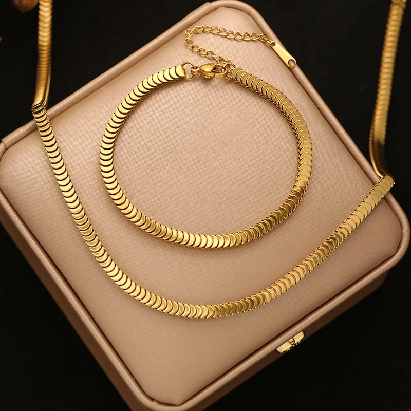 EILIECK Geometric Snake Chain Necklace Bracelet Trendy Stainless Steel Jewelry Set Golden Metal Texture Women Waterproof Gift