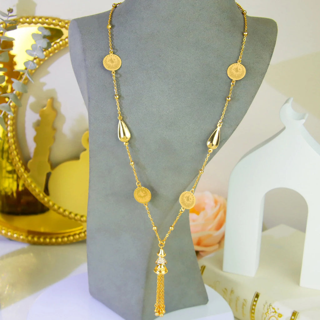 Oman Bridal Wedding Necklace 21k Gold Plated Turkish Fashion Coins Long Chains Nigeria Islamic Women Vintage Party Jewelry