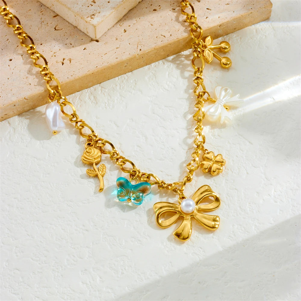 DIEYURO 316L Stainless Steel Golden Heart Flower Turquoise Multi Pendant For Womnen New Trend Chain Rustproof Jewelry Party Gift
