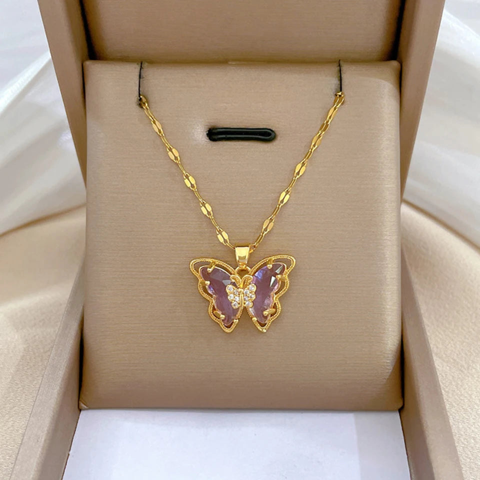 Classic Gold-Color Stainless Steel Shiny Zircon Geometric Heart Pendant Necklace
