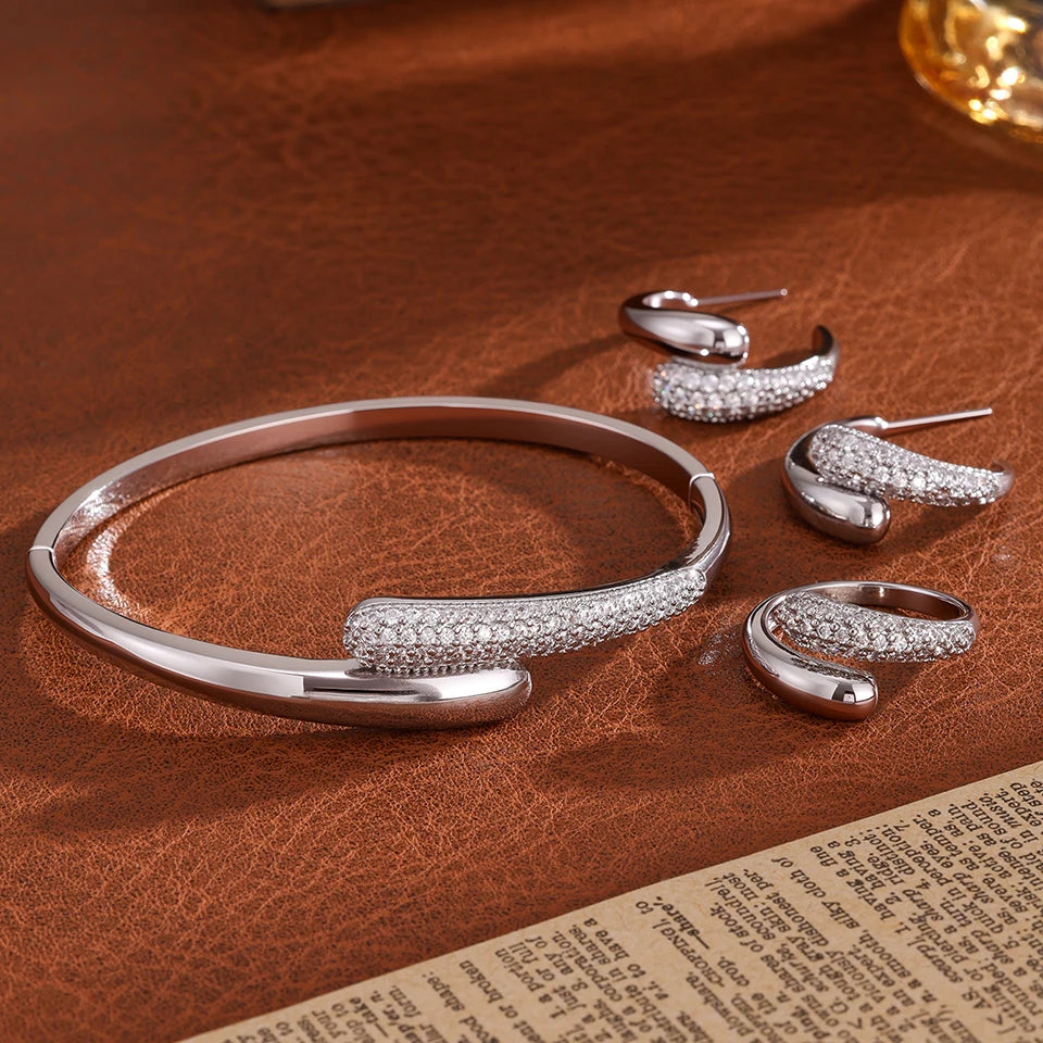 3-Piece Luxury Micro-Inlaid Zircon Water Drop Bracelet, Ring & Earrings Set
