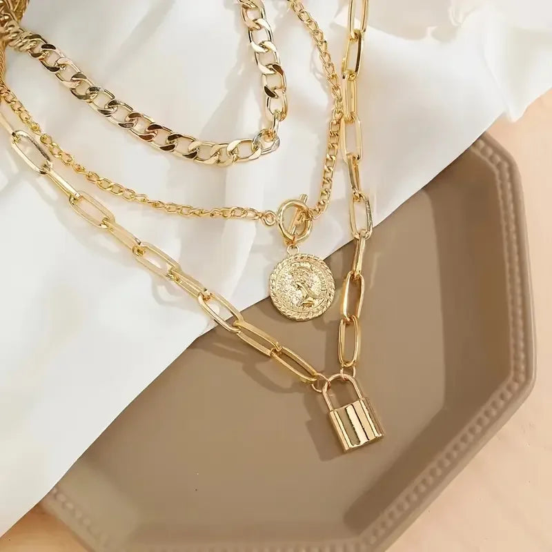 3 Pcs Vintage Gold Embossed Lock Necklace Set