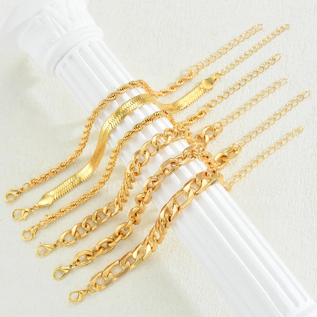 6Pcs Simple Punk Gold Chunky Multi-Layer Link Chain Bracelet Set