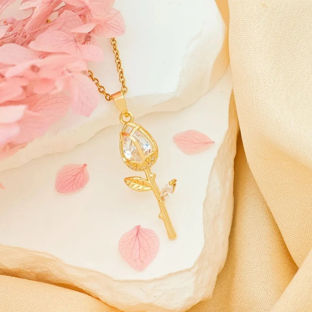 Elegant Tulip Flower Pendant Necklace Minimalist Sweet Style Zircon Pendant Layered Trendy Design Stainless Steel Choker Wedding