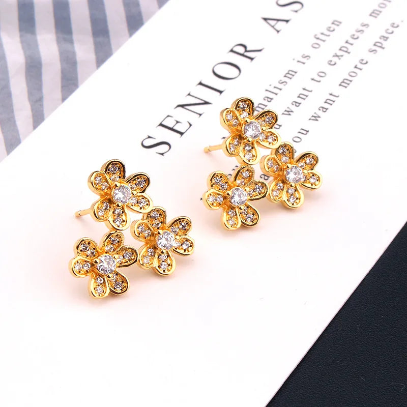 Fashion Luxury Flower Geometry Cubic Ziron Classic Charms Necklace Engagement Bridal Earring Jewelry copper Lady Gift