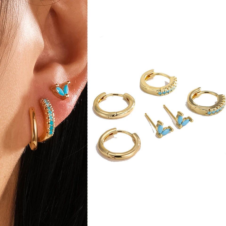 6-Piece Fashion Blue Turquoise & Shiny Zircon Hoop Earring Set