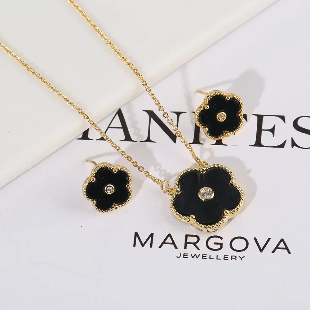 Double Sided Zircon New Design Plant Pentaphyllum 2pc Set Cute Shell Jewelry For Women's High-Quality Gifts Luxurious Clover