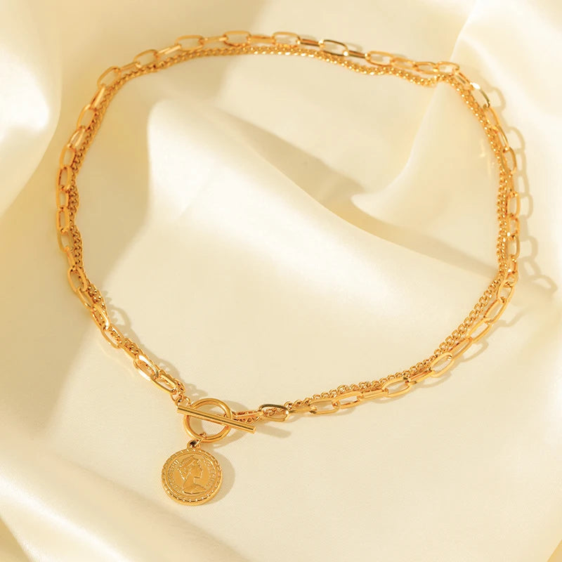 EILIECK 316L Stainless Steel Gold Color Portrait Coin Necklace Bracelets Set For Women New Trendy OT Buckle Waterproof Jewelry