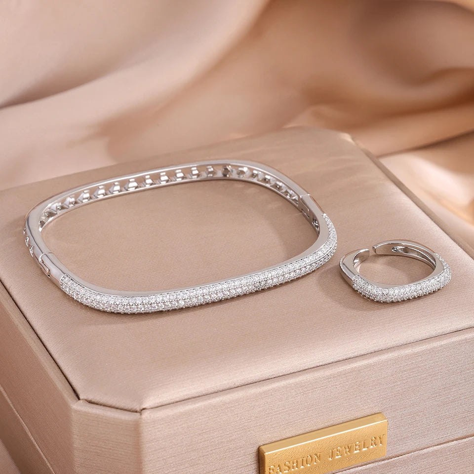 ZAKOL Luxury Brilliant Micro Paved Zirconia Quadrilateral Bracelet Ring Set Fashion All-match Bangles Women's Party Jewelry