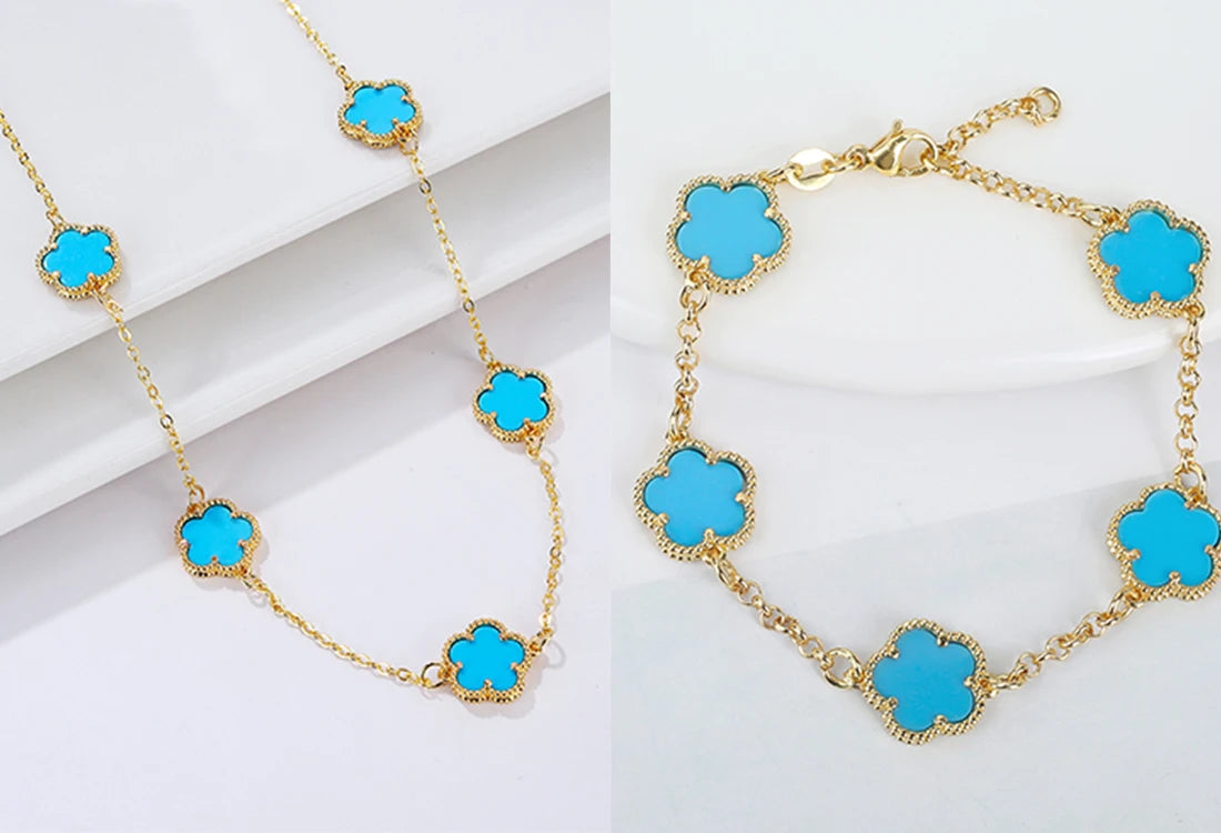 Hot Sale 14 Colors Five-Leaf Flower Set Bracelet Necklace Classic Simple Women Jewelry Set Suitable For Daily Party Wear Clover
