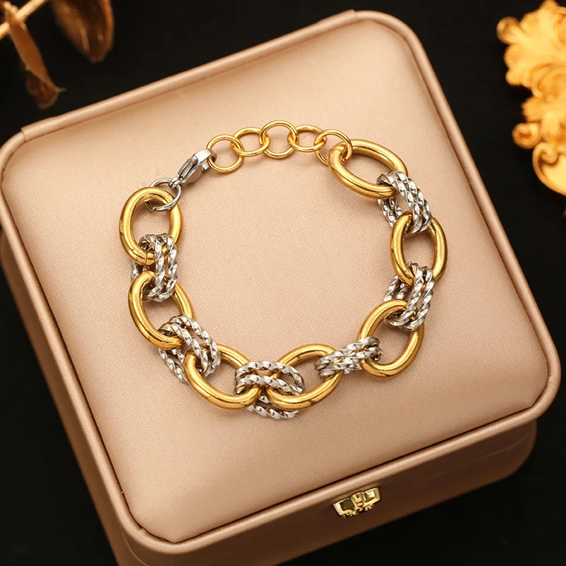 EILIECK Waterproof Stainless Steel Geometric Link Chain Bracelet Bangle Statement Metal Polished 18K PVD Plated Stylish Jewelry